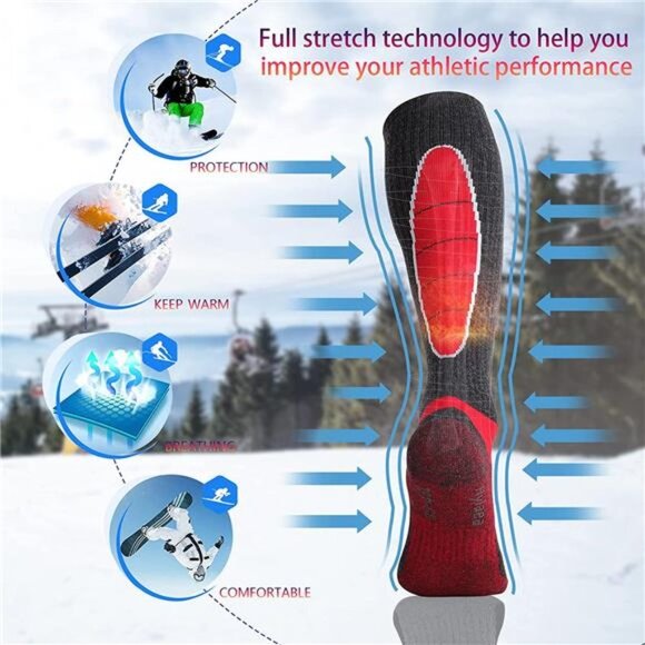 2 Pack Men's Thermal Merino Wool Knee-high Warm Socks, Red & Gray - Picture 3 of 6